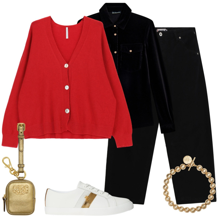 Outfit donna - Cardigan rosso e accessori dorati.. Stile Casual per Tutti i giorni. Abbinamento con pantaloni, cardigans, camicie, braccialetti, sneakers, pochette.