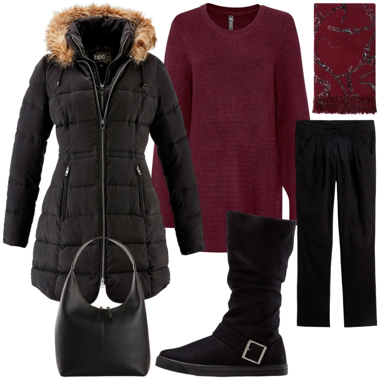 Outfit donna - Total look #2304856. Stile Casual chic per Tutti i giorni. Abbinamento con pantaloni chino, giacche, maglieria, stivali, shopping bag, sciarpe.