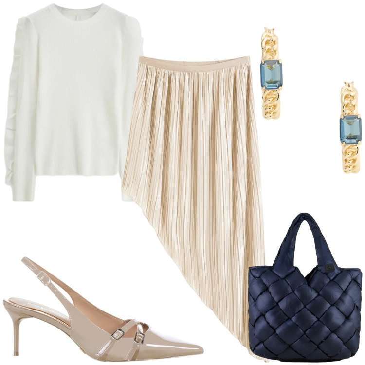 Outfit donna - Bianca come la neve: la vigilia. Stile Chic per Cerimonia. Abbinamento con gonne, décolleté, maglieria, orecchini, borse tote.