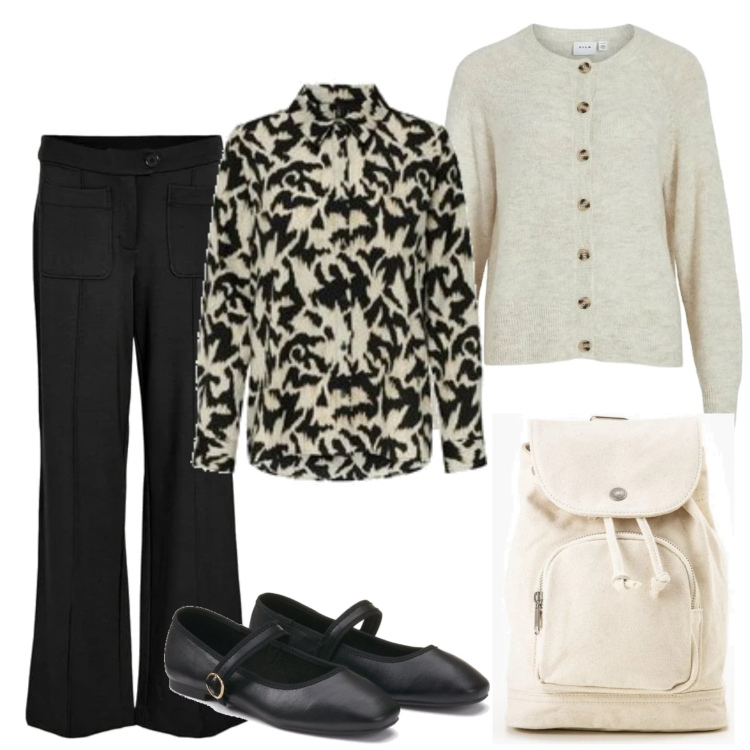 Outfit mujer - Bon ton look. Estilo Bon Ton para Oficina. Combinación con mochilas, bailarinas, blazers, blusas, pantalones.