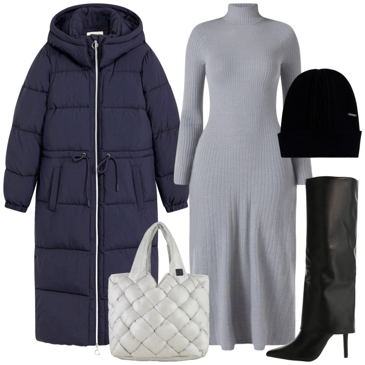 Outfit donna - Minimal grey. Stile Minimal per Tutti i giorni. Abbinamento con piumini, vestiti midi/longuette, stivali, berretti, borse tote.