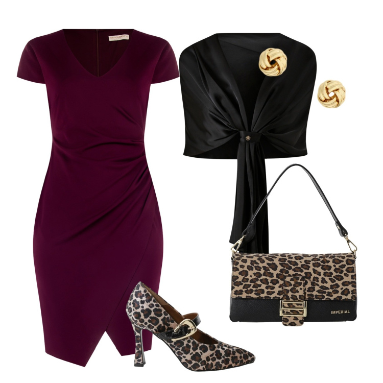Outfit donna - Capodanno un po\' animaler. Stile Glamour per Serata fuori. Abbinamento con scialli, vestiti a tubino, borse a spalla, décolleté, orecchini.