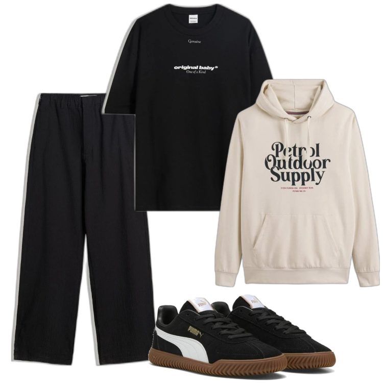 Outfit hombre - Casual look. Estilo Casual para Todos los días. Combinación con pantalones, sudaderas con capucha, sneakers, camiseta.