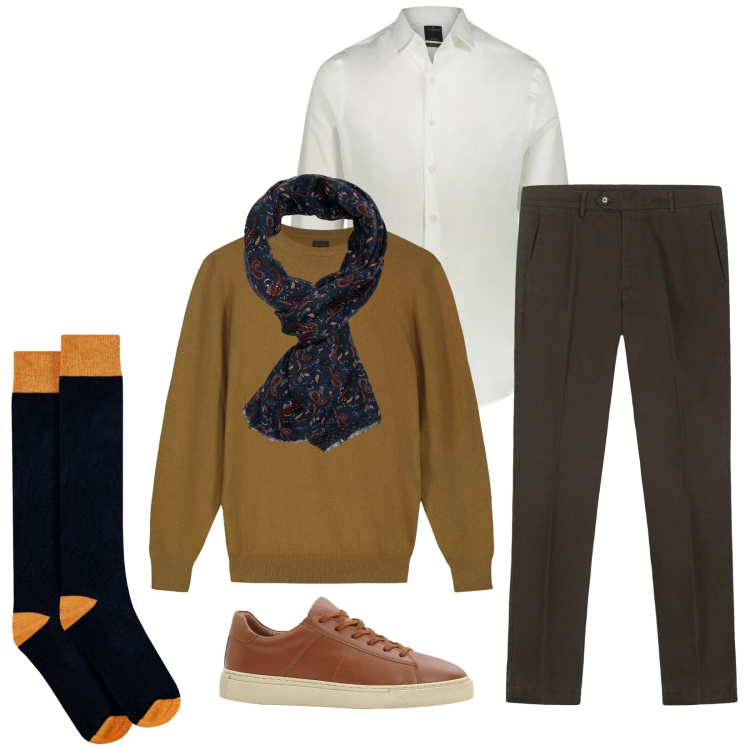 Outfit uomo - Total look #2304879. Stile Trendy per Ufficio. Abbinamento con sneakers, sciarpe, camicie, pantaloni chino, calzini, maglieria.