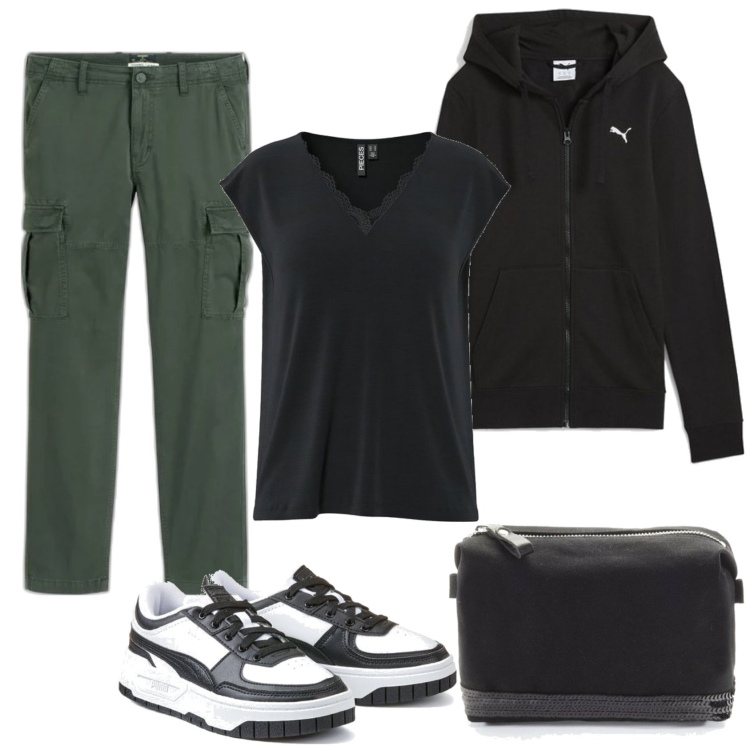 Outfit mujer - Casual look. Estilo Casual para Todos los días. Combinación con sneakers, pantalones cargo, maletas, camiseta, sudaderas con capucha.