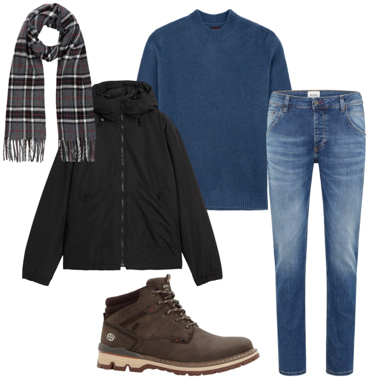 Outfit uomo - Total look #2304881. Stile Casual per Tutti i giorni. Abbinamento con jeans dritti, giacche, stivali e stivaletti, sciarpe, maglieria.