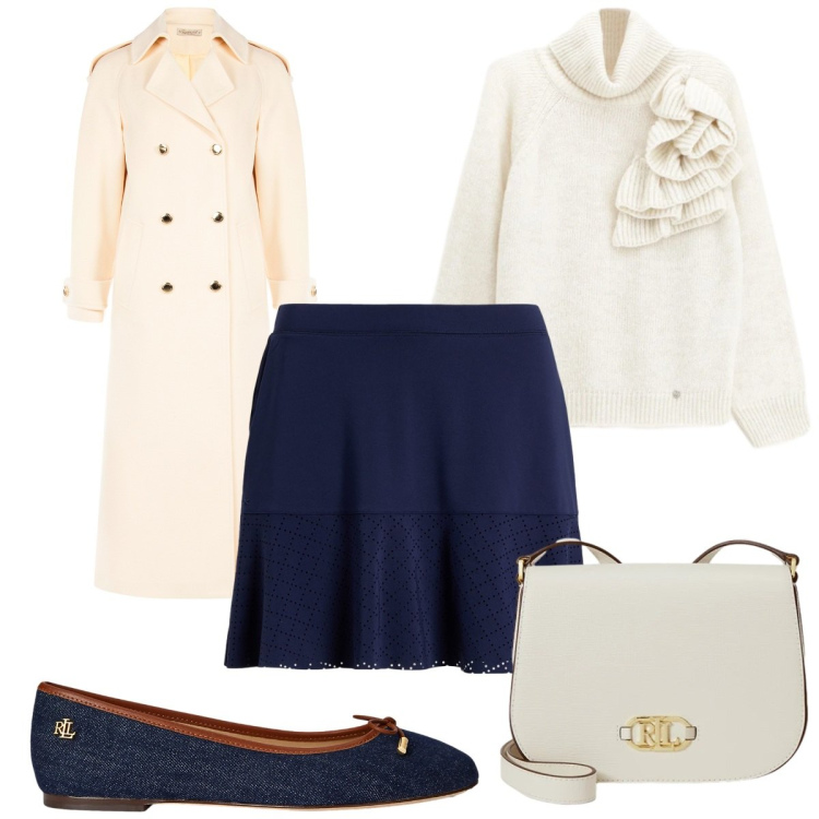 Outfit donna - Bianca come la neve: pranzo di Natale. Stile Bon Ton per Tutti i giorni. Abbinamento con maglieria, cappotti, minigonne, borse a tracolla, ballerine.