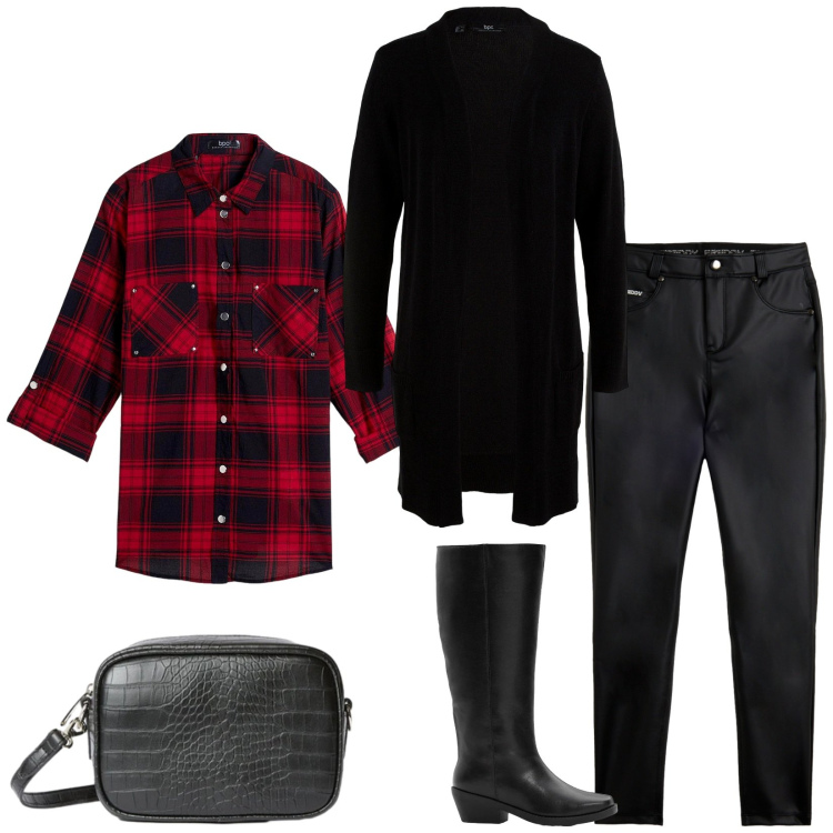 Outfit donna - Total look #2304884. Stile Casual per Tutti i giorni. Abbinamento con cardigans, camicie, stivali, pantaloni skinny, borse a tracolla.