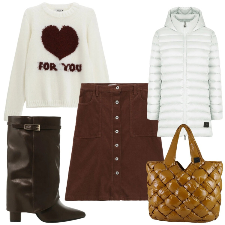 Outfit donna - Freddo dicembre: il maglione caldo. Stile Trendy per Tutti i giorni. Abbinamento con pullovers, gonne, stivali, piumini, borse tote.
