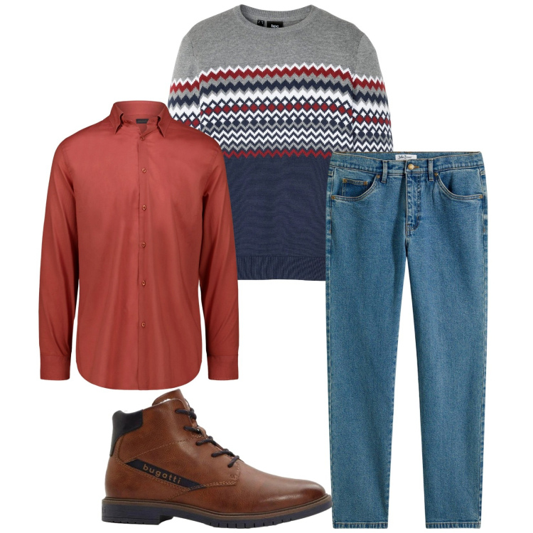 Outfit uomo - Total look #2304888. Stile Trendy per Tutti i giorni. Abbinamento con jeans dritti, maglieria, anfibi, camicie.