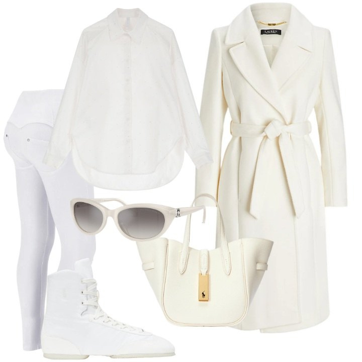 Outfit donna - Bianca come la neve - @antonellal. Stile Trendy per Tutti i giorni. Abbinamento con camicie, pantaloni skinny, borse tote, occhiali da sole, cappotti, ballerine.