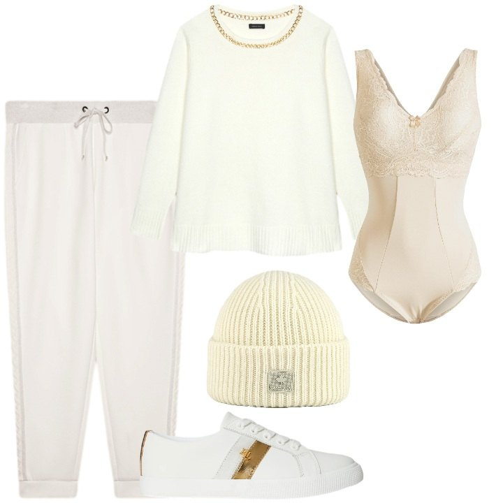 Outfit donna - Bianca come la neve - @antonellal. Stile Basic per Tutti i giorni. Abbinamento con body, sneakers, berretti, pantaloni, maglieria.