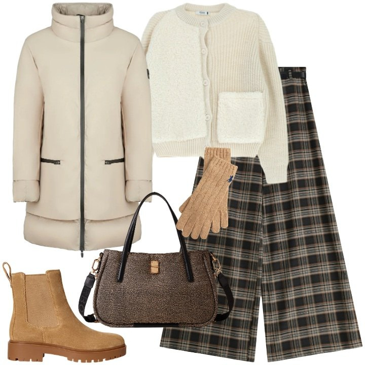 Outfit donna - Freddo Dicembre - @star67. Stile Casual chic per Tutti i giorni. Abbinamento con cardigans, pantaloni a palazzo, shopping bag, stivaletti chelsea, guanti, cappotti.