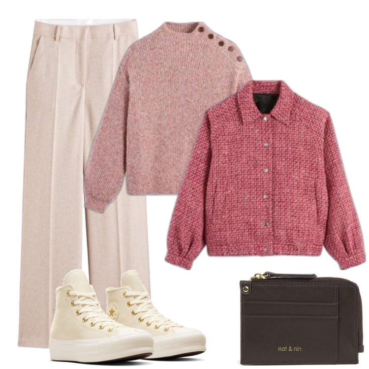 Outfit mujer - Casual chic #20169. Estilo Casual chic para Todos los días. Combinación con pantalones palazzo, sneakers altas, bomber, carteras, prendas de punto.