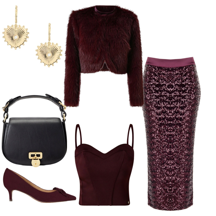 Outfit donna - Feste serate glamour. Stile Glamour per Serata fuori. Abbinamento con top, blazer, gonne longuette, borse a tracolla, décolleté, orecchini.