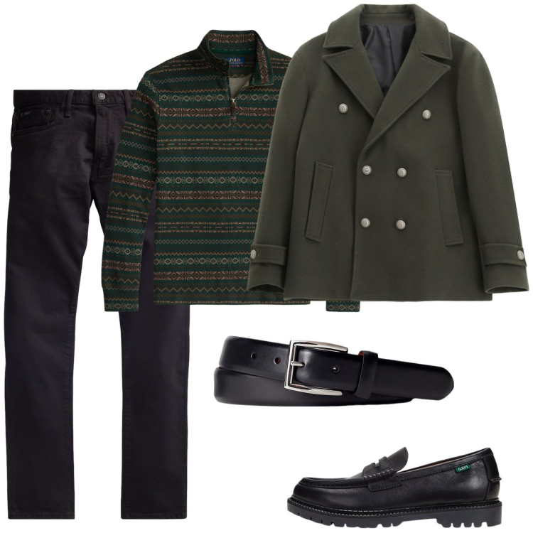 Outfit uomo - Maglione con zip e jeans neri. Stile Casual per Tutti i giorni. Abbinamento con cappotti, cinture, scarpe stringate, pullovers, jeans.