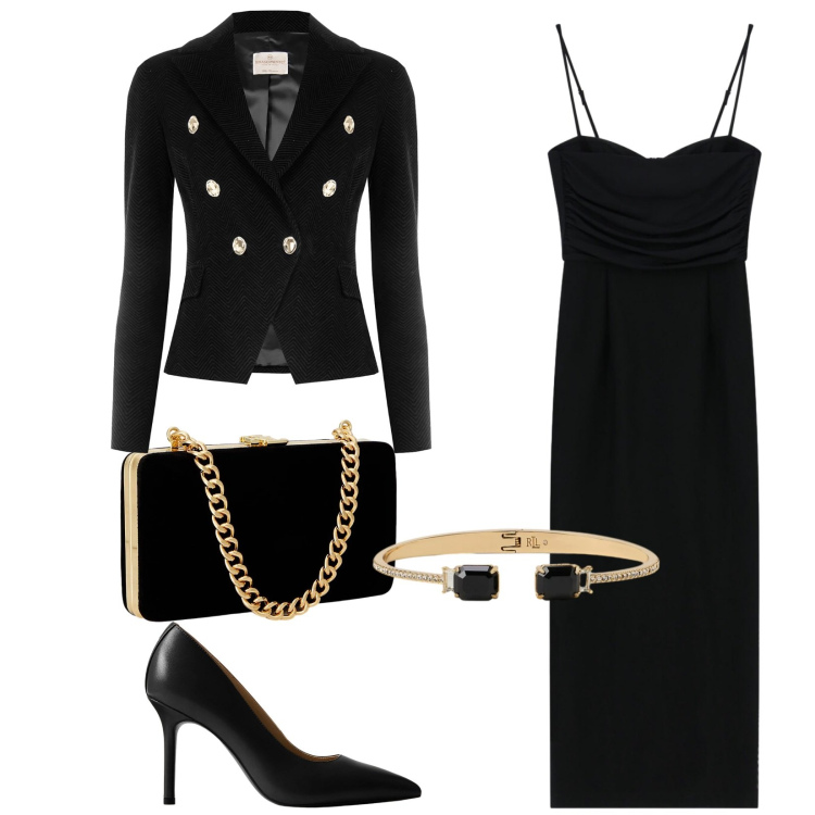 Outfit donna - Feste serate glamour. Stile Glamour per Serata fuori. Abbinamento con blazer, vestiti midi/longuette, clutch, décolleté, braccialetti.