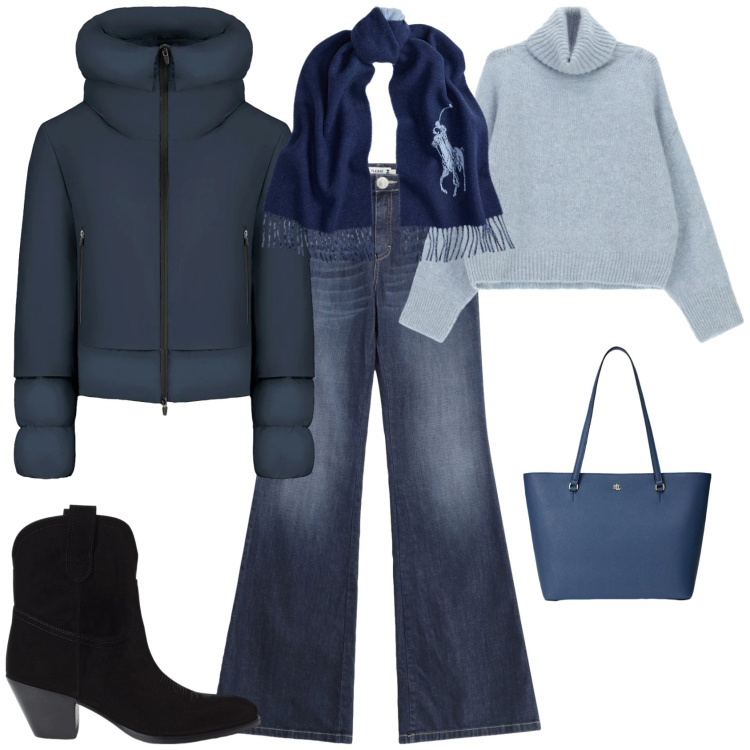 Outfit donna - Trendy in blu. Stile Trendy per Tutti i giorni. Abbinamento con jeans a zampa, maglieria, borse tote, sciarpe, stivaletti, piumini.