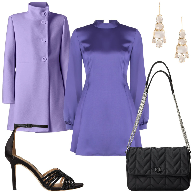 Outfit donna - Festa in casa. Stile Glamour per Serata fuori. Abbinamento con cappotti, vestiti corti, borse a tracolla, orecchini, sandali gioiello.