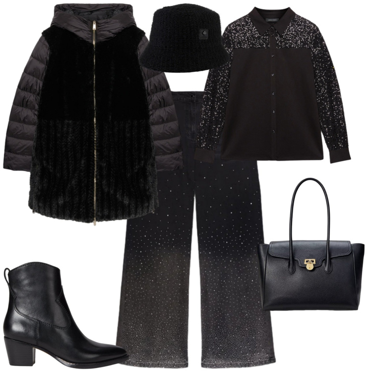 Outfit donna - Casual chic. Stile Casual chic per Serata fuori. Abbinamento con borse a mano, stivaletti, cappelli, jeans, piumini, camicie.