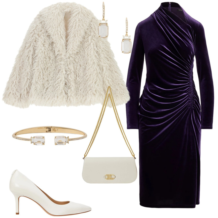 Outfit donna - Bon ton in bianco e viola. Stile Bon Ton per Serata fuori. Abbinamento con ecopellicce, décolleté, vestiti asimmetrici, orecchini, braccialetti, borse a spalla.