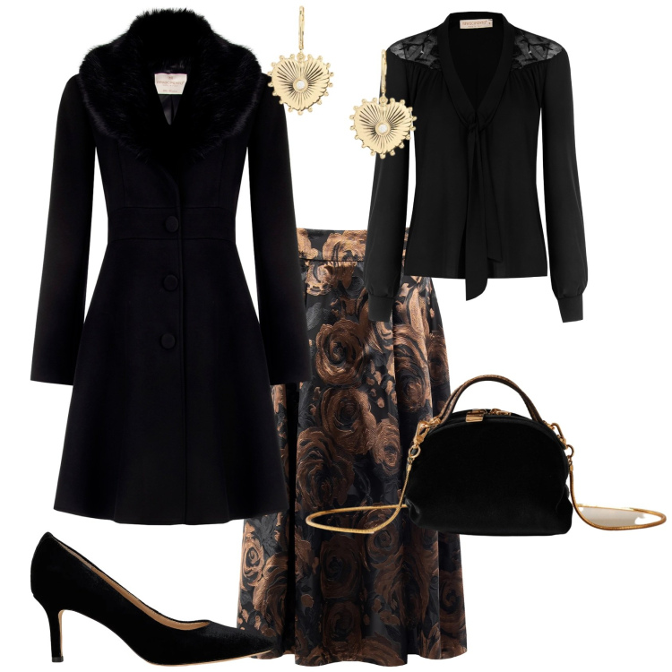 Outfit donna - Glamour serata evento. Stile Glamour per Serata fuori. Abbinamento con gonne longuette, bluse, cappotti, borse a mano, décolleté, orecchini.