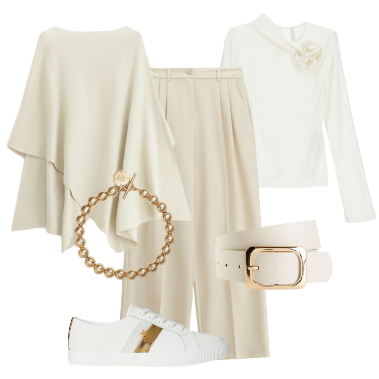 Outfit donna - Bianco e oro H24. Stile Casual chic per Tutti i giorni. Abbinamento con cinture, maglieria, pantaloni a palazzo, t-shirt, braccialetti, sneakers.