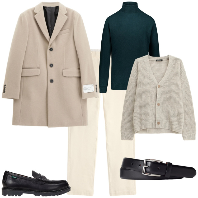 Outfit uomo - Trendy per la montagna. Stile Trendy per Tutti i giorni. Abbinamento con cappotti, cardigans, cinture, scarpe stringate, pantaloni chino, maglieria.