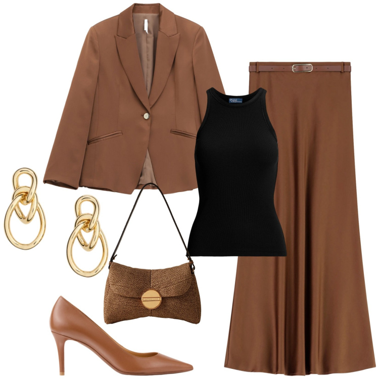Outfit donna - Eleganza minimal. Stile Chic per Cerimonia. Abbinamento con blazer, gonne lunghe, borse a tracolla, canottiere, décolleté, orecchini.