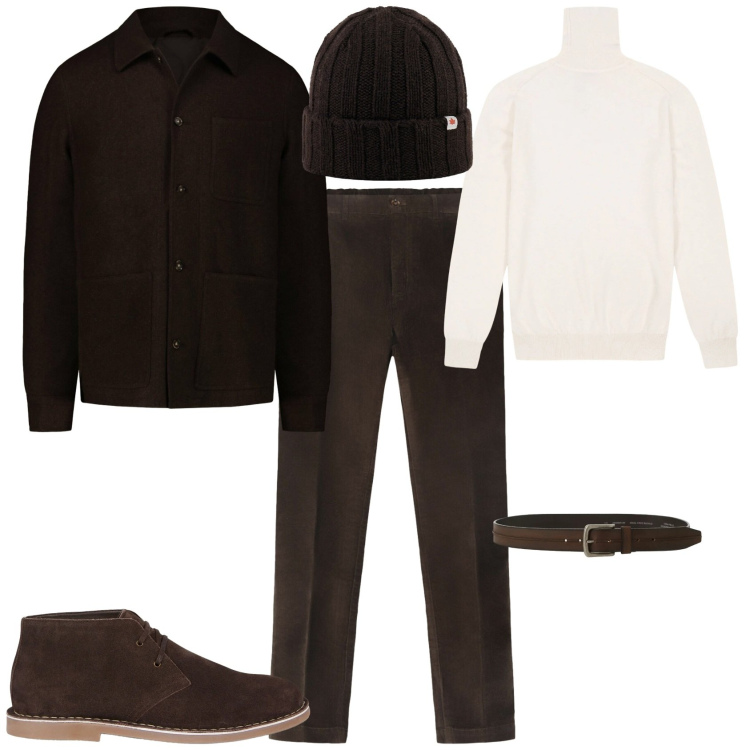 Outfit uomo - Trendy in montagna. Stile Trendy per Tutti i giorni. Abbinamento con cinture, berretti, stivali e stivaletti, maglieria, cappotti, pantaloni.