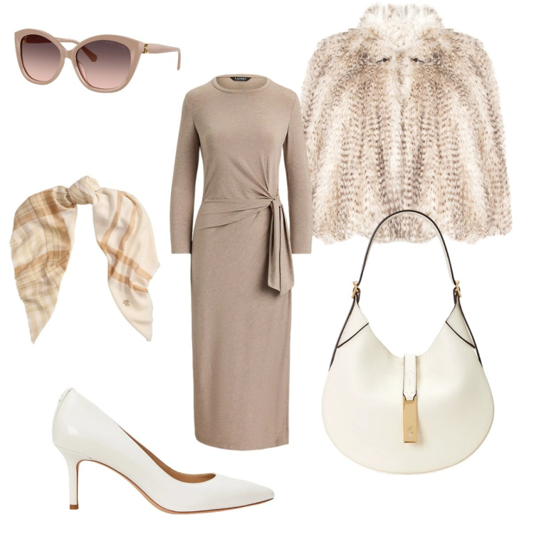 Outfit donna - Stile Chic ️. Stile 70s per Tutti i giorni. Abbinamento con ecopellicce, borse a spalla, décolleté, occhiali da sole, sciarpe, vestiti.