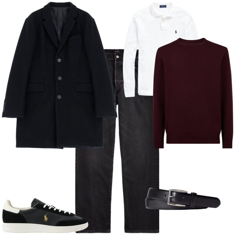 Outfit uomo - Trendy serata. Stile Trendy per Serata speciale. Abbinamento con cappotti, cinture, jeans dritti, sneakers, polo, maglieria.