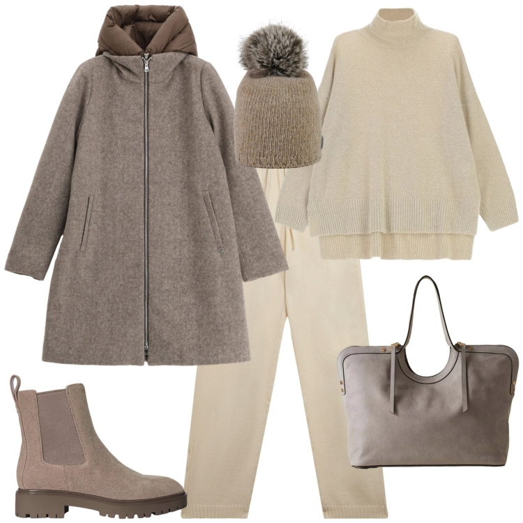 Outfit donna - Trendy per una giornata invernale. Stile Trendy per Tutti i giorni. Abbinamento con piumini, maglieria, shopping bag, pantaloni, stivaletti chelsea, berretti.