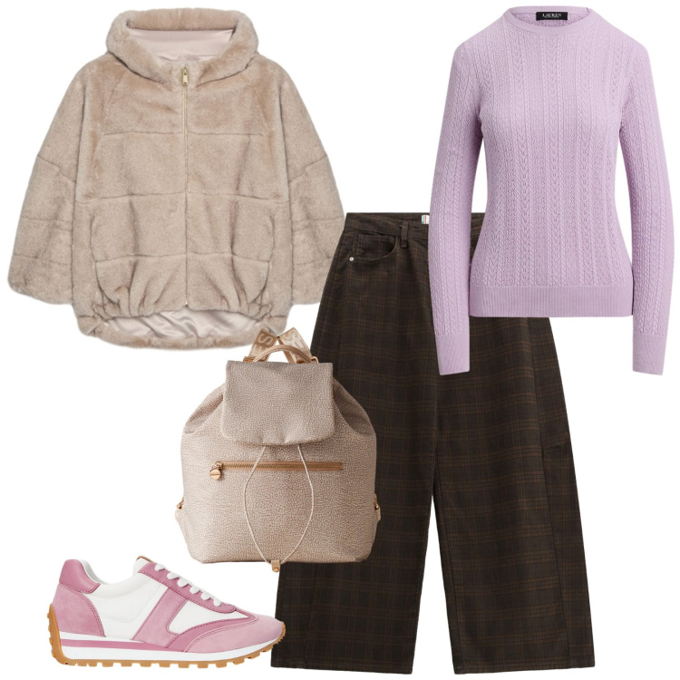 Outfit donna - Total look #2304945. Stile Sporty chic per Tutti i giorni. Abbinamento con pantaloni, zaini, sneakers, maglieria, ecopellicce.