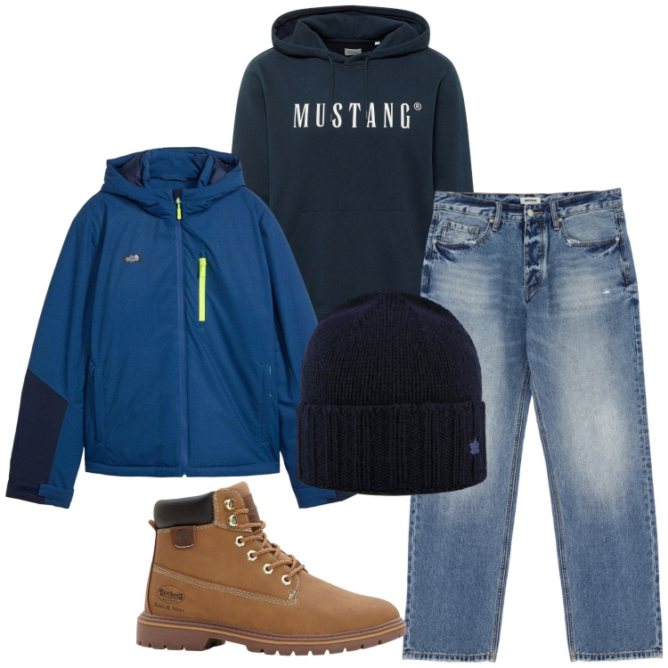 Outfit uomo - Total look #2304947. Stile Urban per Tutti i giorni. Abbinamento con felpe con cappuccio, stivali e stivaletti, giacche, jeans, cappelli.