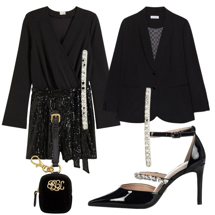 Outfit donna - Ricordati di splendere. Stile Casual chic per Serata fuori. Abbinamento con vestiti corti, décolleté, pochette, orecchini, blazer.
