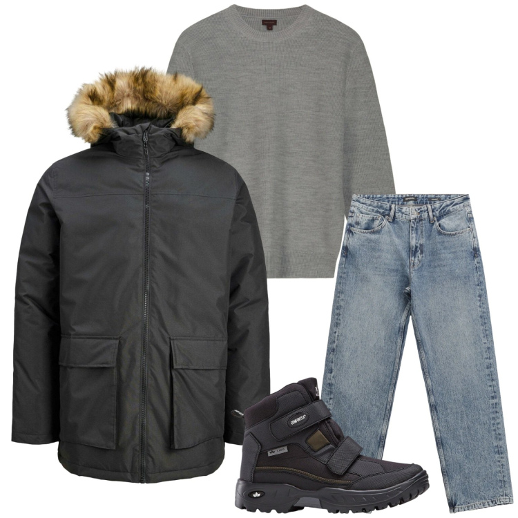 Outfit uomo - Total look #2304952. Stile Casual per Tutti i giorni. Abbinamento con stivali e stivaletti, parka, jeans dritti, maglieria.
