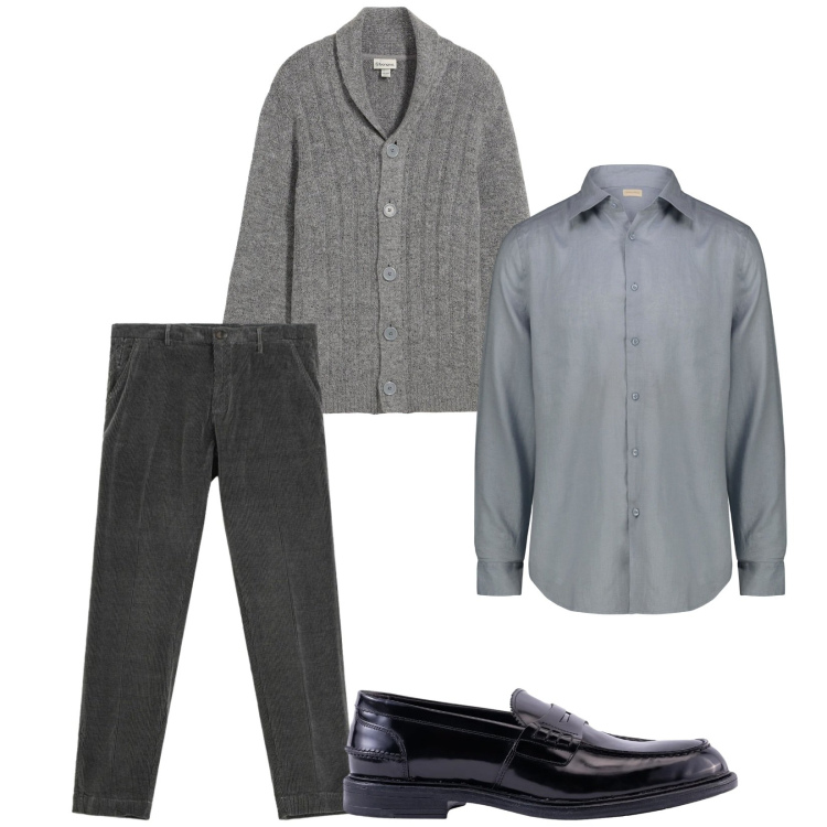 Outfit uomo - Total look #2304953. Stile Business/Elegante per Ufficio. Abbinamento con cardigans, pantaloni chino, camicie, scarpe stringate.