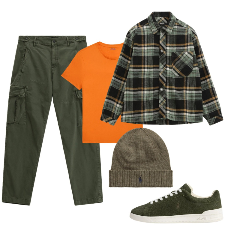 Outfit uomo - Camicia in flanella scozzese verde. Stile Casual per Tutti i giorni. Abbinamento con camicie, pantaloni cargo, t-shirt, sneakers, berretti.