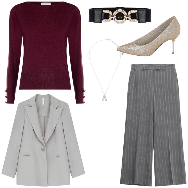 Outfit donna - Le décolleté glamour. Stile Glamour per Serata fuori. Abbinamento con pullovers, cinture, décolleté, pantaloni a palazzo, blazer, ciondoli.