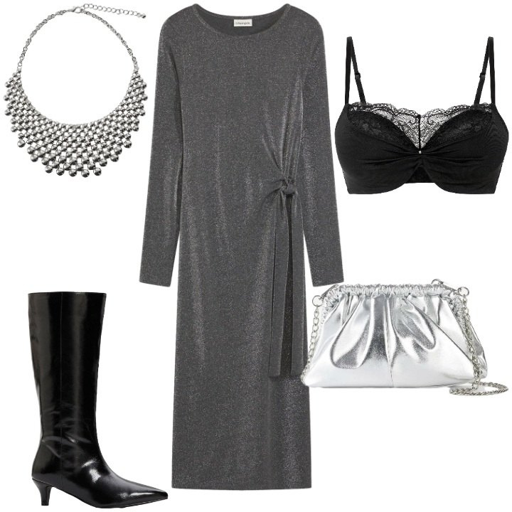 Outfit donna - Ricordati di splendere - @pamela. Stile Glamour per Serata fuori. Abbinamento con vestiti, reggiseni push-up, borse a tracolla, stivali, collane.