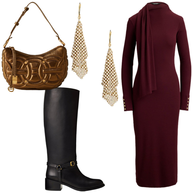 Outfit donna - Dettagli di luce. Stile Chic per Serata fuori. Abbinamento con borse a spalla, stivali, vestiti, orecchini.