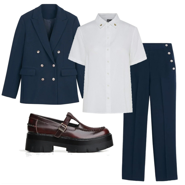 Outfit mujer - Mannish #926. Estilo Mannish para Oficina. Combinación con blazers, pantalones, camisas de manga corta, mocasines.