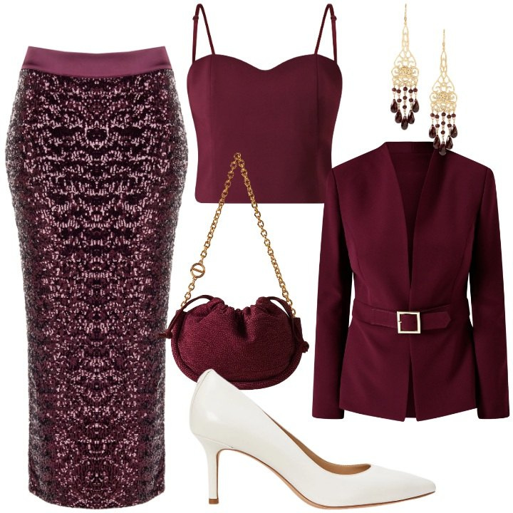 Outfit donna - Il potete del punto vita -FDCI. Stile Vintage retrò per Cerimonia. Abbinamento con blazer, top, gonne longuette, borse a spalla, décolleté, orecchini.