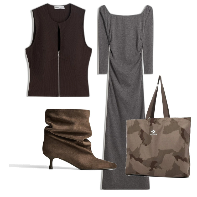 Outfit mujer - Casual chic #20171. Estilo Casual chic para Oficina. Combinación con bolso tote, top, vestidos, botines.