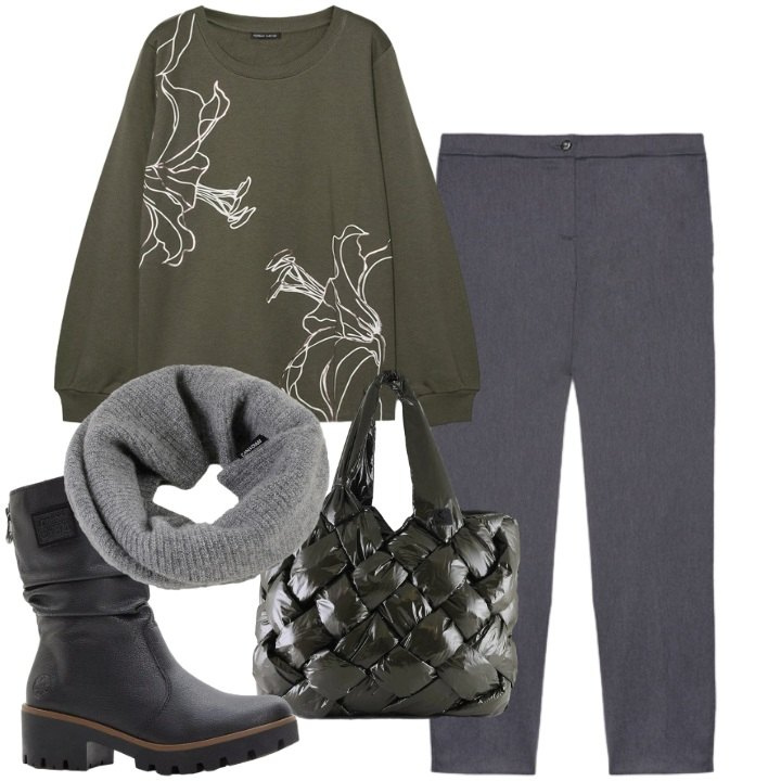 Outfit donna - Confort. Stile Minimal per Tutti i giorni. Abbinamento con stivaletti, borse tote, scaldacollo, pantaloni, felpe.