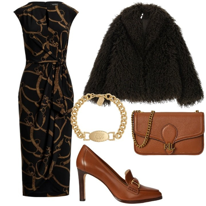 Outfit donna - La cena coi colleghi. Stile Chic per Serata fuori. Abbinamento con ecopellicce, vestiti, braccialetti, clutch, décolleté.