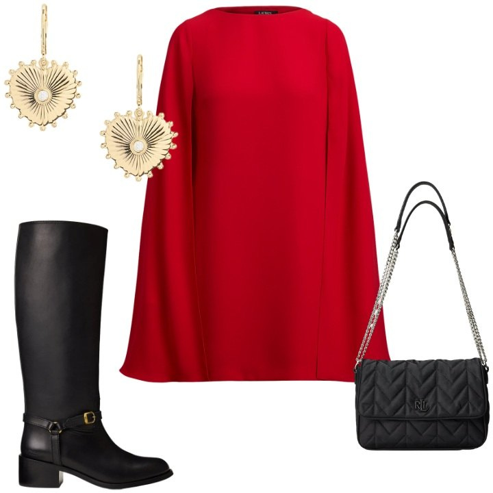 Outfit donna - Auguri a 5 stelle. Stile Chic per Serata fuori. Abbinamento con vestiti corti, stivali, borse a tracolla, orecchini.