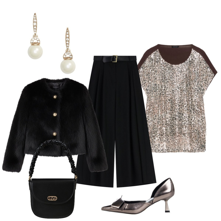 Outfit donna - Mistero luminosità. Stile Glamour per Serata fuori. Abbinamento con décolleté, borse a mano, ecopellicce, pantaloni a palazzo, orecchini, bluse.