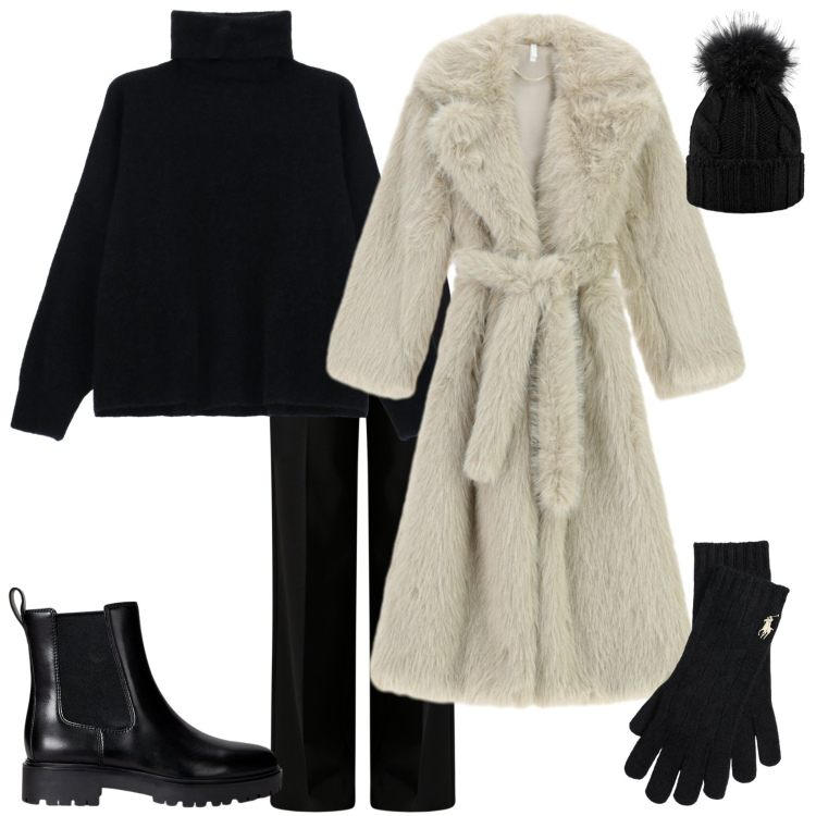 Outfit donna - Freddo dicembre. Stile Sporty chic per Tutti i giorni. Abbinamento con pantaloni a palazzo, cappotti, maglieria, stivaletti chelsea, guanti, berretti.